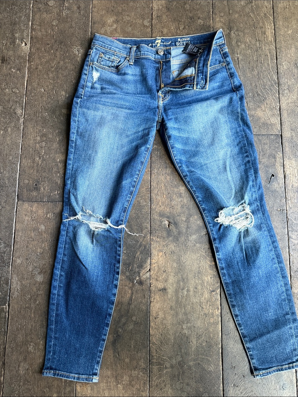 7 For All Mankind Blue “The Ankle Skinny” Distressed Jeans